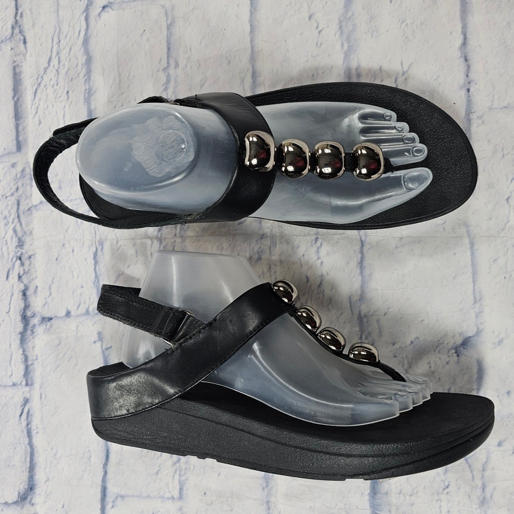 FitFlop Rola Leather Slingback Sandal Women 10 Black Metallic Bead Comfort Thong